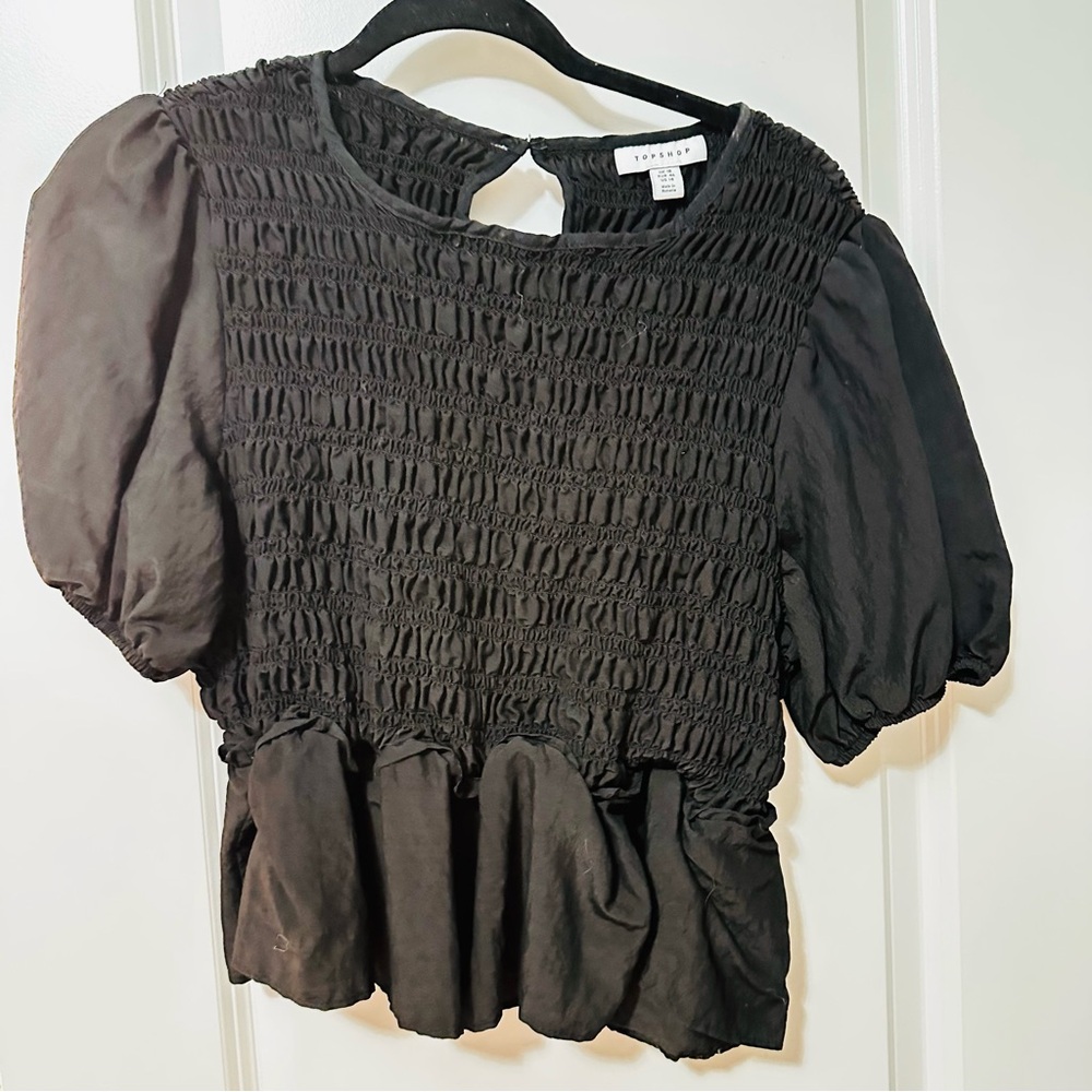 TOPSHOP Black Smocked Puff Sleeve Peplum Blouse – Size 14